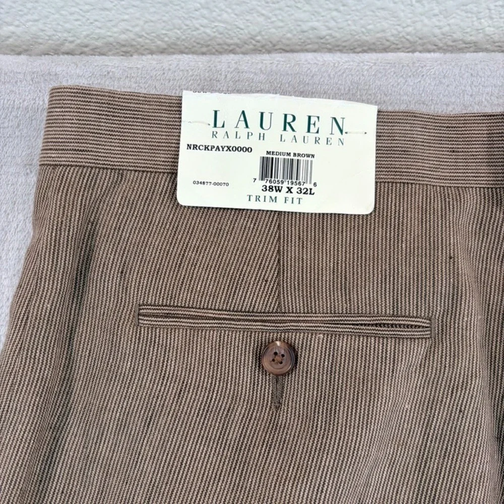 Lauren Ralph Lauren Trim Fit Trouser Pants in Brown 100% Linen Flat Front NWT